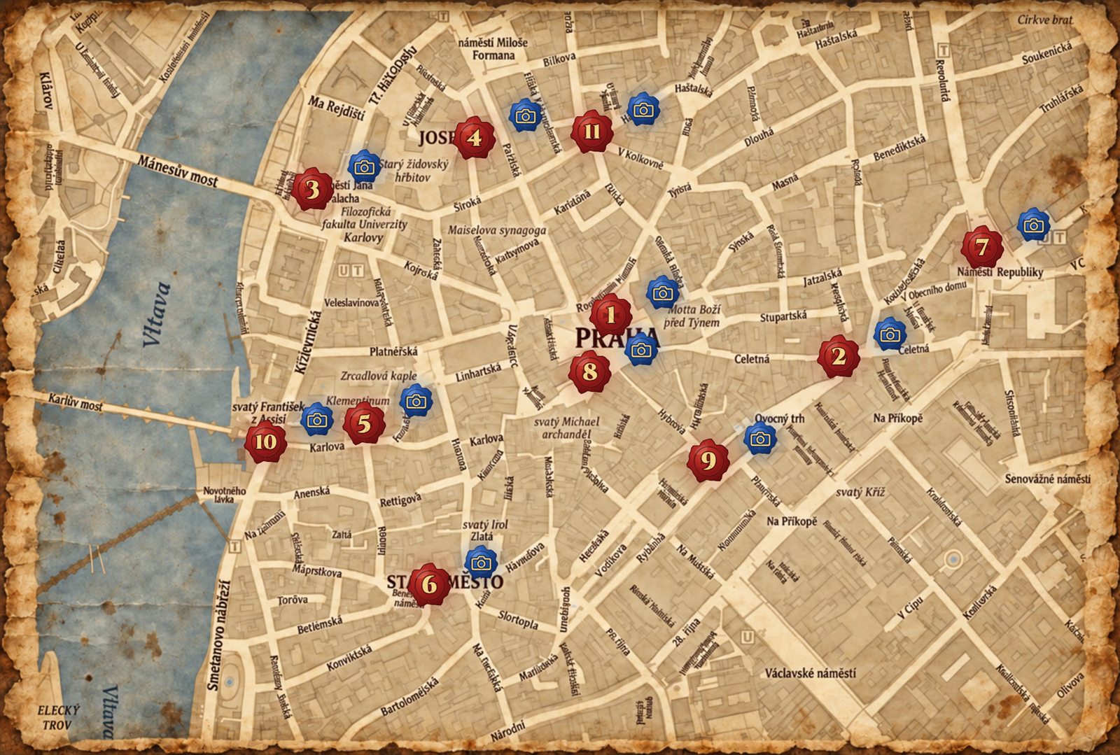 Illustrated map of Prague’s Old Town with eleven red wax seals and blue photo challenge icons